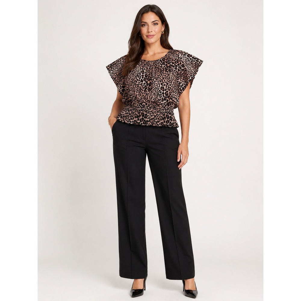 Style & Co Women Medium Leopard Print Blouse Smocked Waist Flutter Sleeve Brown
